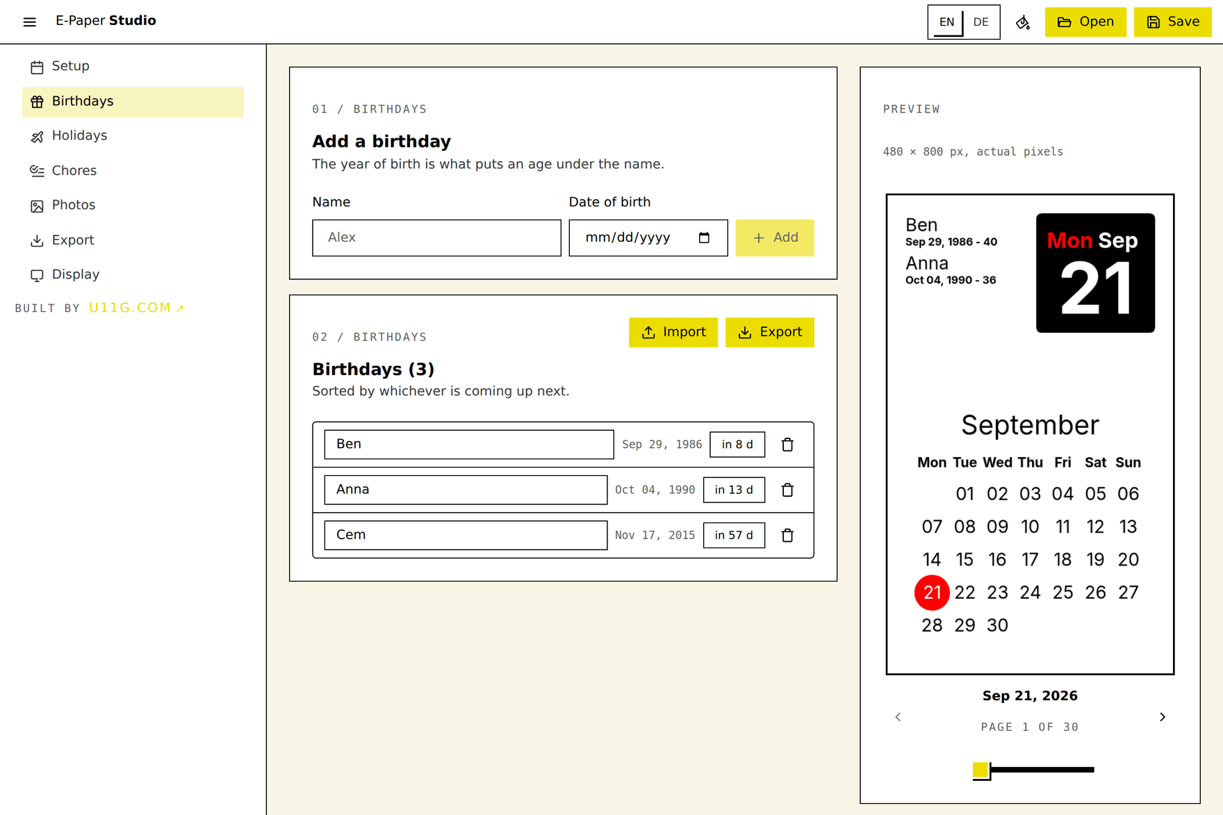 The Birthdays tab: a name and date field above a list of birthdays, each showing how many days away it is.