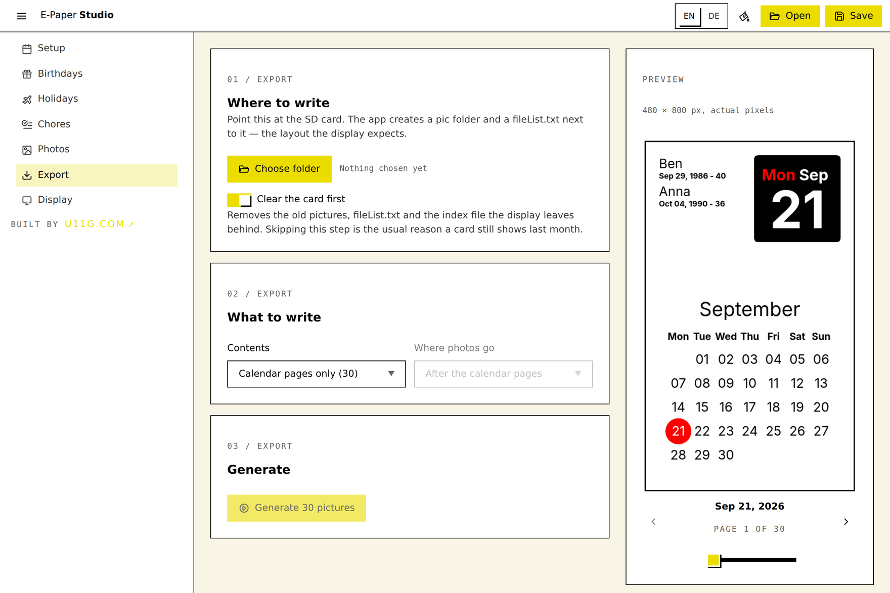 The Export tab: choose the SD card folder, choose what to write, then one Generate button.