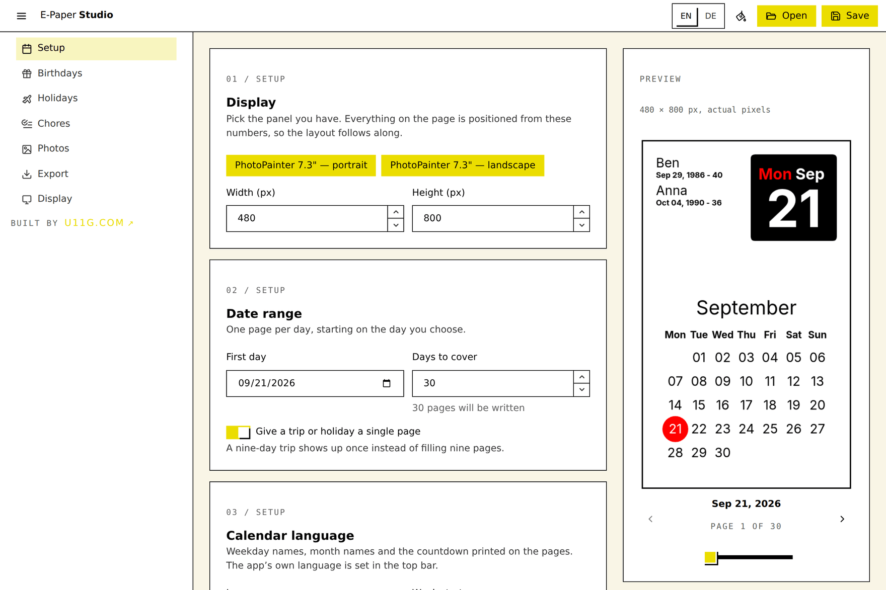 The Setup tab: panel size, date range and calendar language on the left, with a live preview of the page on the right.